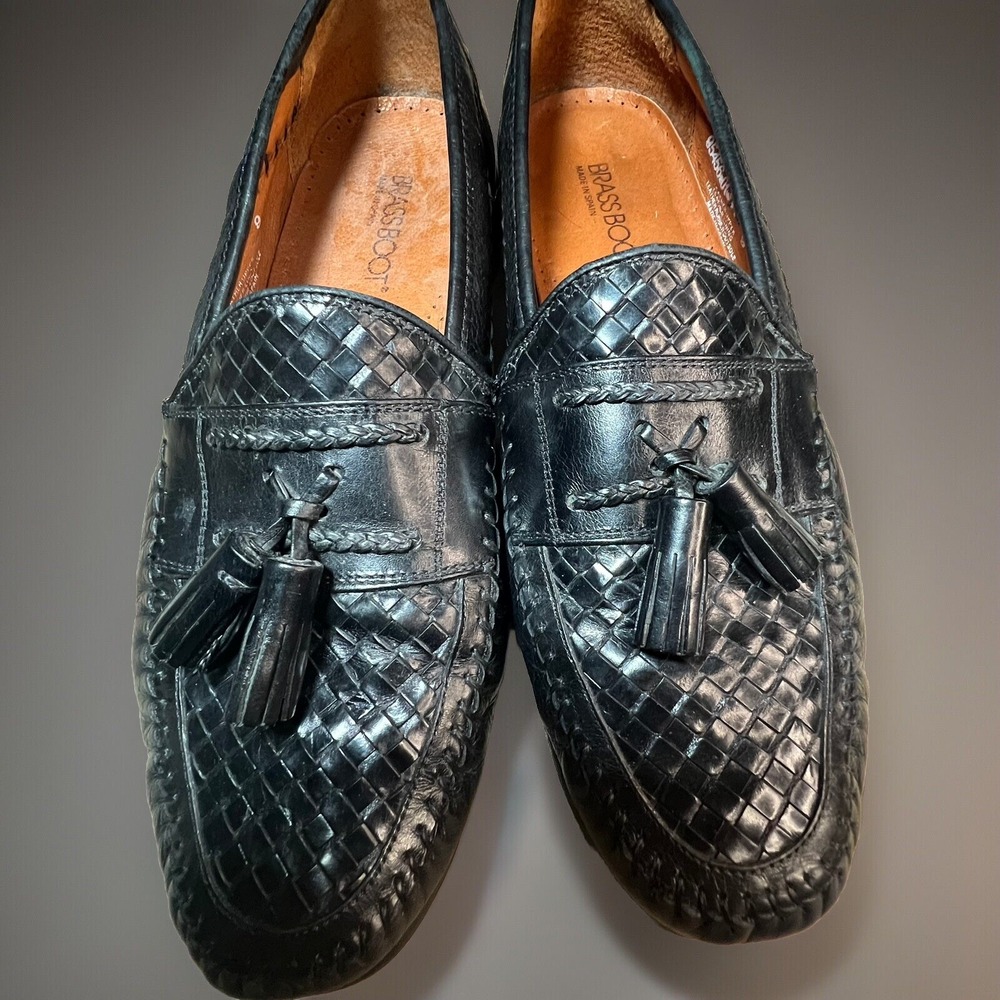 Brass Boot Loafers‎ Woven Black Leather Tassel Handmade Shoes Size 9 Spain